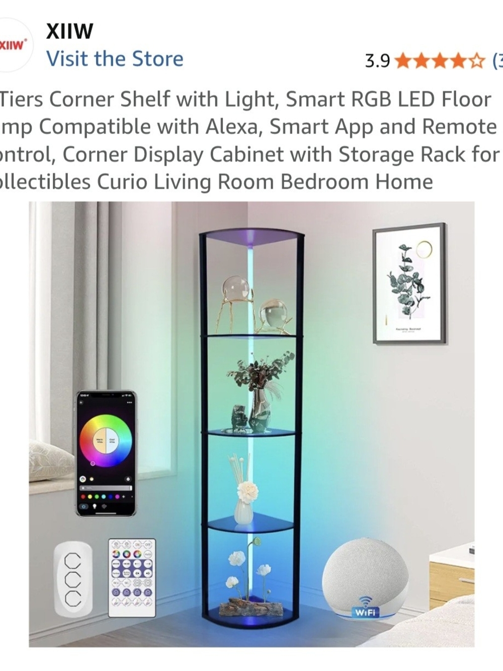 XIIW 5 Tiers Corner Shelf with Light Black LED Corner Display Shelf NWT